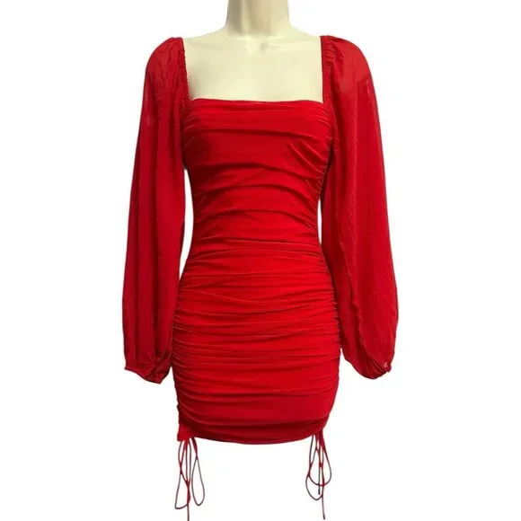 Hello Molly Women's Mini Dress Size 2‎ Red Ruched Tie Balloon L/S Tangy Bellini - Picture 2 of 16